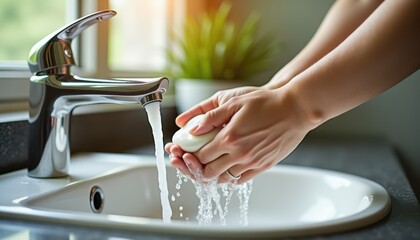 A person is washing hands with soap under running water from a faucet in a sink. This image is relevant to World Health Day as it emphasizes the importance of hand hygiene in preventing illness