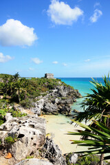 Beach and temple of Tulum in Mexico