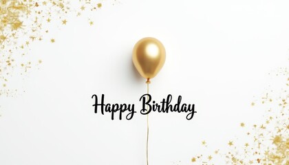 The image shows a gold balloon with the text "Happy Birthday" in black cursive font on a white background, decorated with gold star confetti. It is perfect for birthday celebrations and greetings