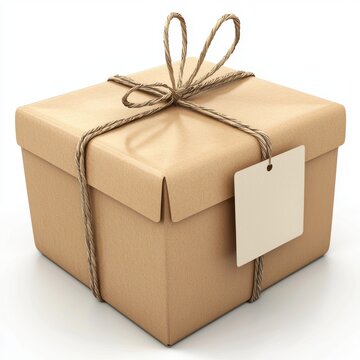 3D icon cartoon parcel tied with string and a shipping label, isolated on a white background 