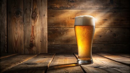 A refreshing pint of golden beer sits on a rustic wooden table