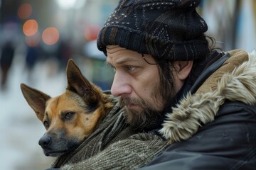 Homeless man wearing a beanie and winter coat holding his german shepherd dog outside in the city