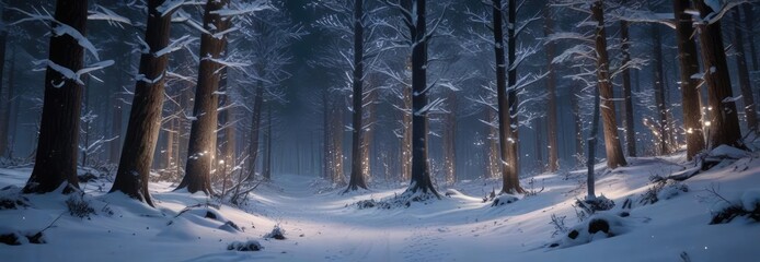 Obraz premium A magical snow-covered forest at night with twinkling lights in the trees, magic, frosty air
