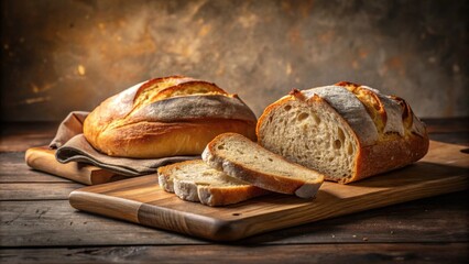 Artisan loaves of bread, freshly baked and sliced on rustic wooden boards