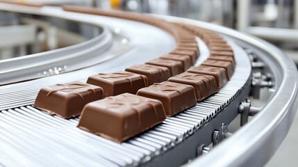 Chocolate bars moving along a conveyor belt in a modern factory during production process