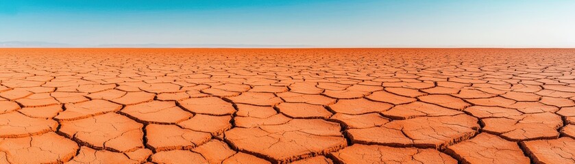 Aerial view topography composition concept. Barren landscape with cracked earth under a clear blue sky, showcasing the effects of drought or arid conditions.