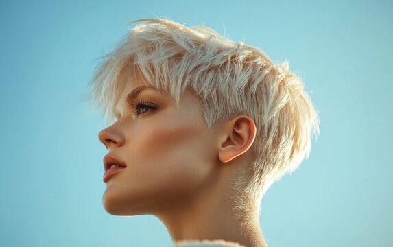 A short pixie cut hairstyle in platinum blonde, with a textured, edgy finish, highlighted against a soft sky-blue background