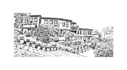 Print Building view with landmark of Bursa inTurkey city. Hand drawn sketch illustration in vector.
