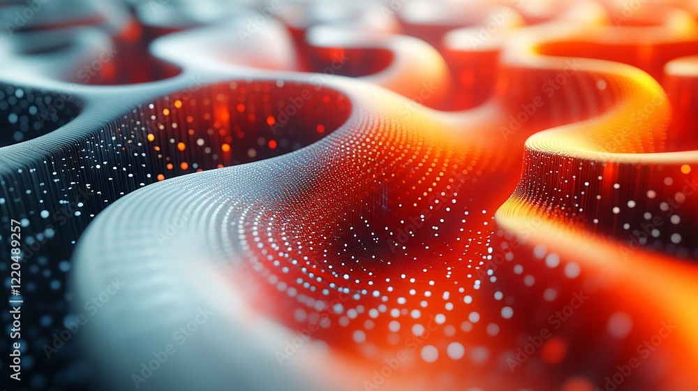 Poster abstract wavy surface with glowing particles.