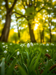 Obraz premium Beautiful spring nature, fresh snowdrops in stunning forest field in morning sunlight, soft beams, peaceful floral landscape. Inspire springtime natural closeup, blurred foliage bokeh trees leaves