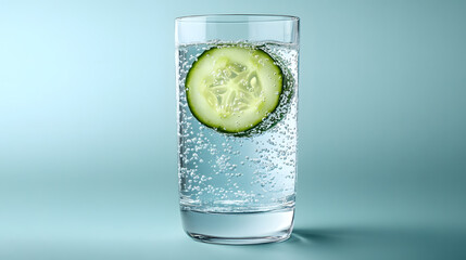 A sparkling water with bubbles rising from the bottom, served in a chilled glass with a slice of cucumber for a cool, refreshing taste.