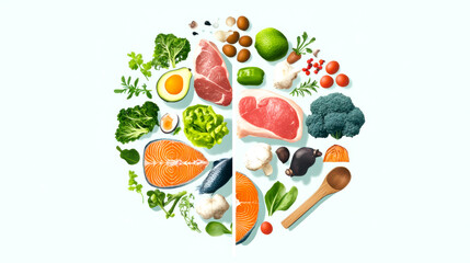 A colorful assortment of healthy foods, including vegetables, fruits, meats, and nuts, arranged in a circular design emphasizing balanced nutrition.