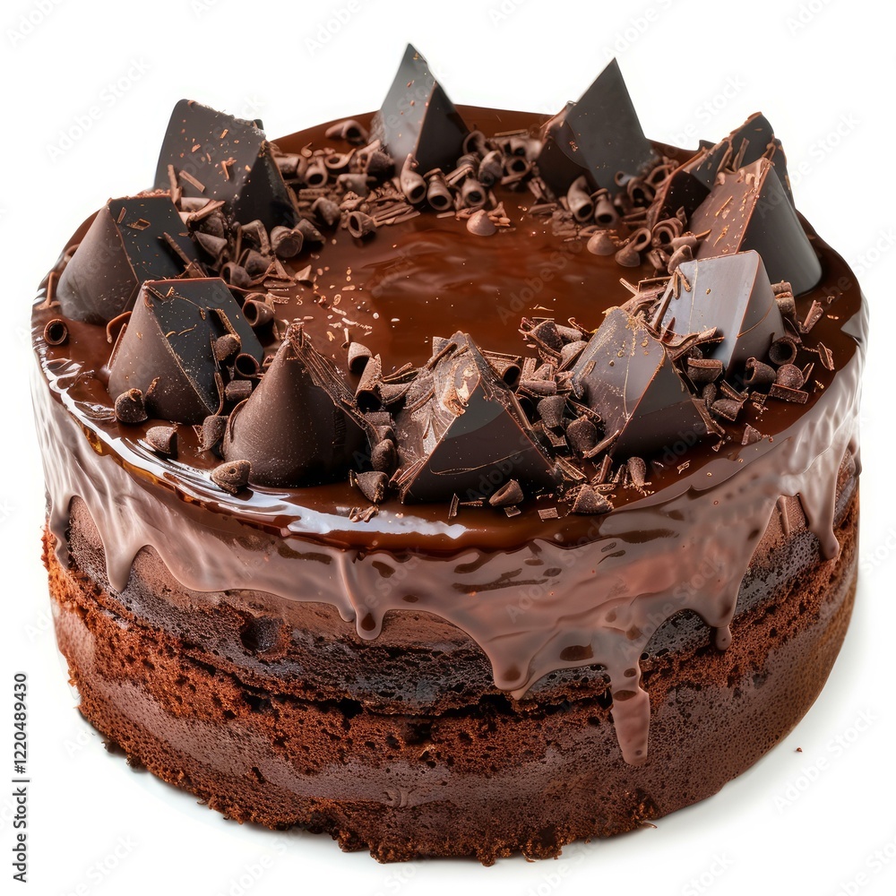 Poster chocolate fudge cake dripping with ganache and topped with chocolate curls and chunks, isolated on w