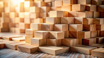 Wooden blocks forming an abstract structure, illuminated by warm light, showcasing intricate design and arrangement