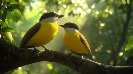 Fototapeta premium A beautiful photo with a tropical exotic bird of yellow color with brown wings, and a black white mask on its face, sitting on a branch, branches with