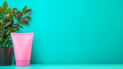 Pink Tube and Plant on Turquoise Background
