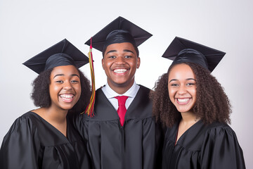 Group of smiling Black students on white background, embodying diversity, positivity, and collaboration in an academic or university setting, showcasing youthful energy and success. Png cut out.