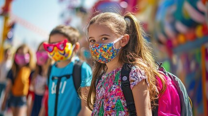 Fototapeta premium A group of kids wearing themed masks and costumes as they head towards an amusement park ride.