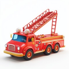 3D icon cartoon fire truck with an extended ladder isolated on a white background -