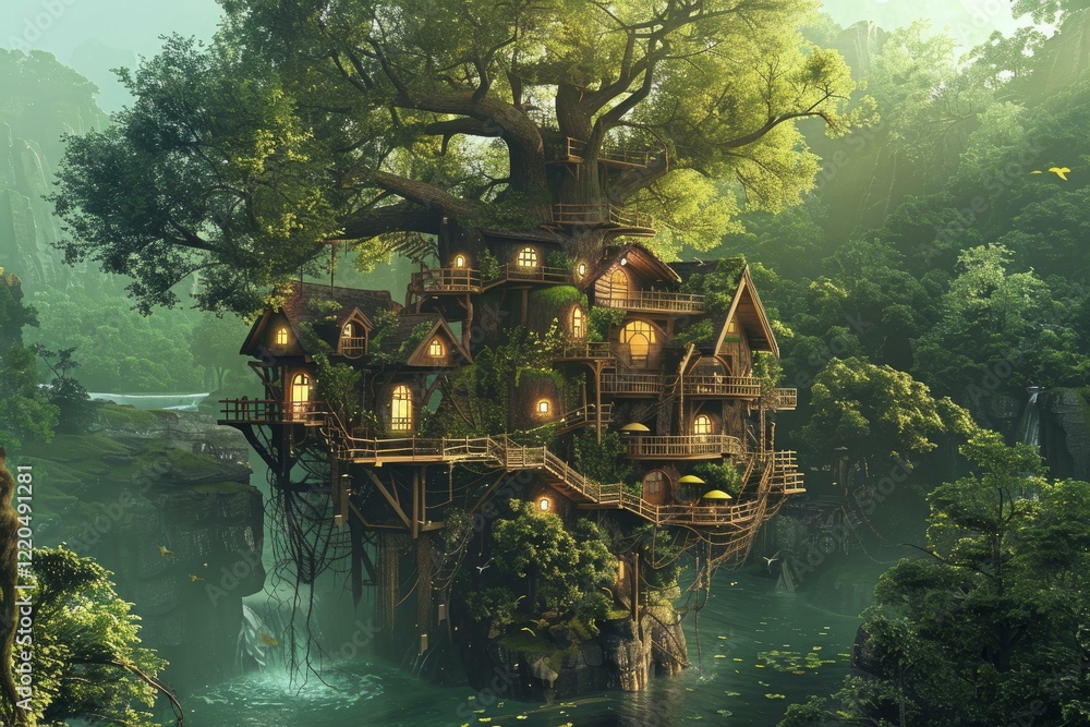 Poster glowing tree house built into enormous tree in enchanting forest, creating a whimsical and fantastic