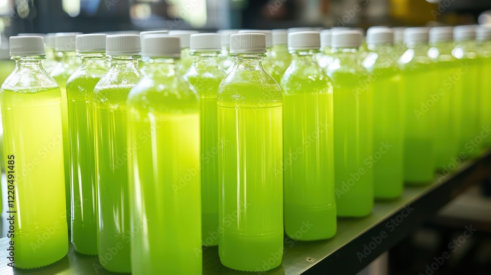 Poster bright green beverage bottles lined up in a factory setting with blurred machinery in the background