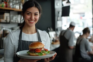 Smiling waitress holding burger on plate in restaurant kitchen