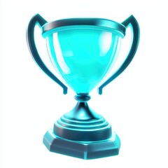 3D icon cartoon futuristic holographic trophy glowing in blue isolated on a white background -