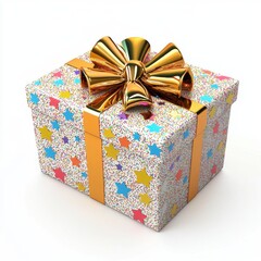 3D icon cartoon gift box with glittery wrapping paper and a metallic bow, isolated on a white background -