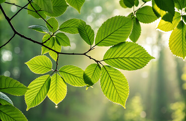 Fototapeta na wymiar A leafy tree branch adorned with vibrant shades of green, showcasing the intricate details of each leaf. The sunlight filters through the canopy above, casting soft, dappled light and creating a gent