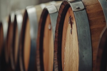 Wine or whiskey wooden barrels resting in cellar, storing alcoholic beverages