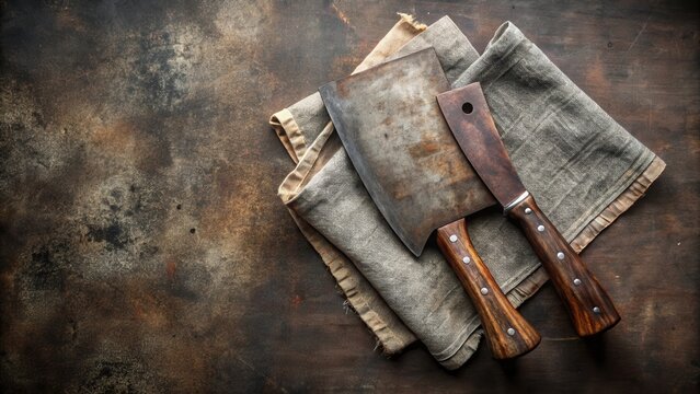 Rustic kitchen scene featuring two antique cleavers resting on a worn fabric surface