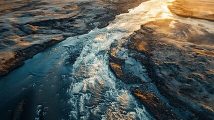 Aerial view of a river winding through a rugged landscape at sunset.