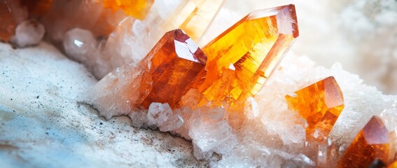 Macro shot of orange crystals and quartz on a white surface showcasing intricate details and textures