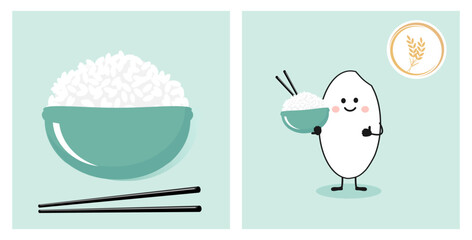Rice bowl with chopsticks, rice cartoon and  logo sign on green background vector.