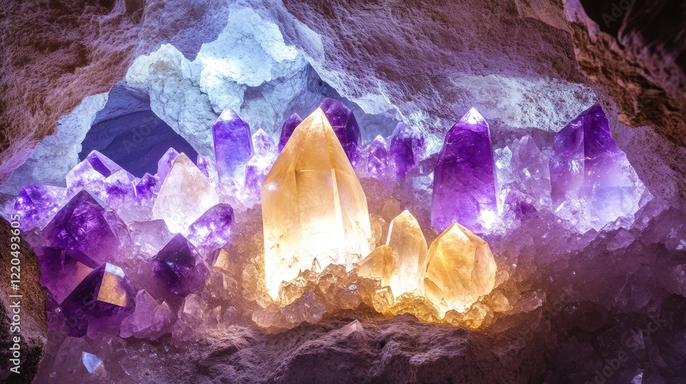 Poster a glowing crystal cave with sapphire and amethyst gemstones embedded in the walls, creating enchanti