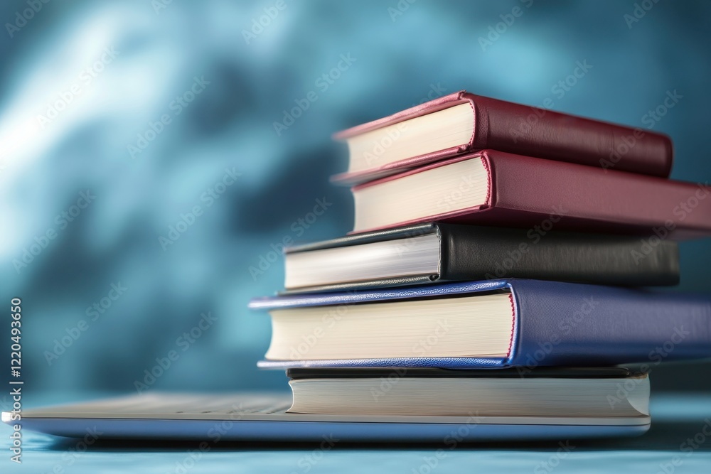 Poster stack of colorful books on a blurred blue background creating a serene study atmosphere