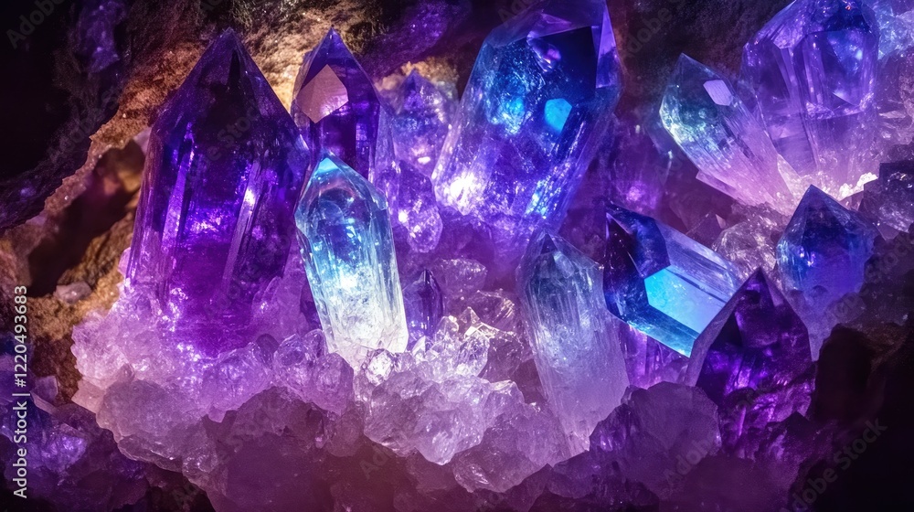 Poster a glowing crystal cave with sapphire and amethyst gemstones embedded in the walls, creating enchanti