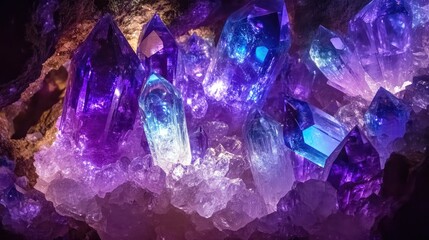 Fototapeta premium A glowing crystal cave with sapphire and amethyst gemstones embedded in the walls, creating enchanting reflections