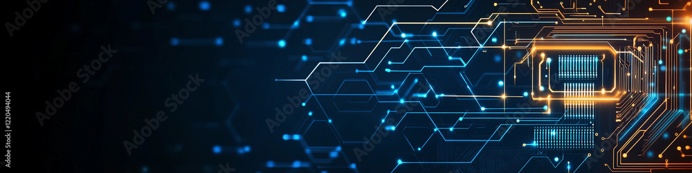 Poster Digital circuit design with glowing elements and patterns