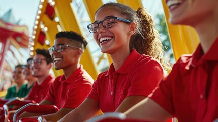 A group of amusement park employees in matching uniforms, working together to manage a ride.