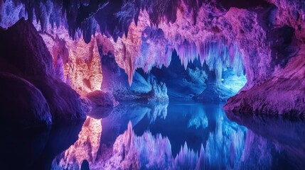A magical underground cave with quartz and sapphire crystals glowing gently, illuminating a calm, mirror-like lake