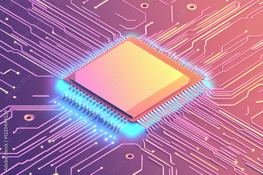 Poster Digital microchip glowing on circuit board layout