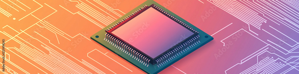 Poster colorful microchip on circuit board background in digital art