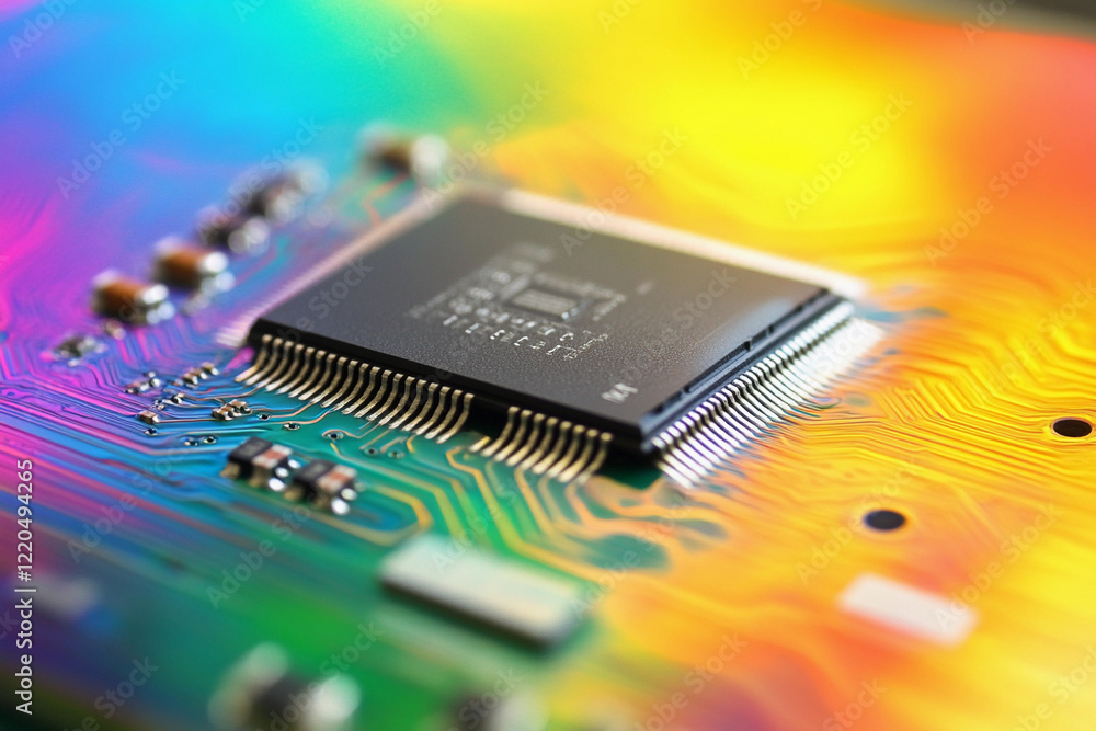 Poster Close-up of a microchip on a colorful circuit board