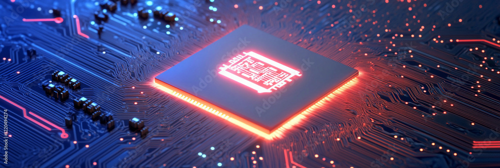 Poster Modern microprocessor on a circuit board with glowing paths