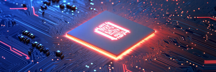 Modern microprocessor on a circuit board with glowing paths