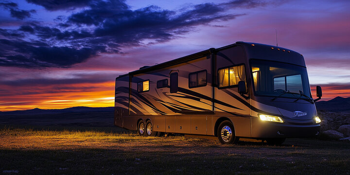Sunset camping getaway with a luxury motorhome