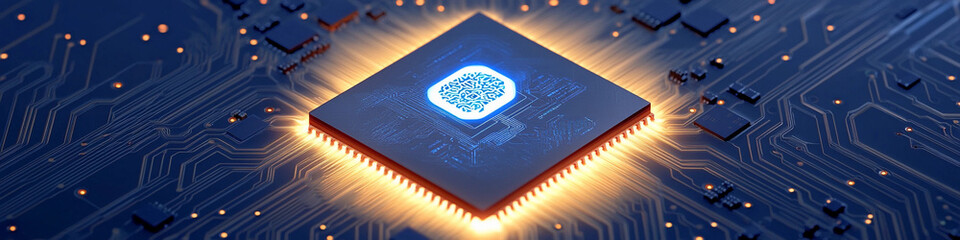 Bright microprocessor on circuit board illuminates technology