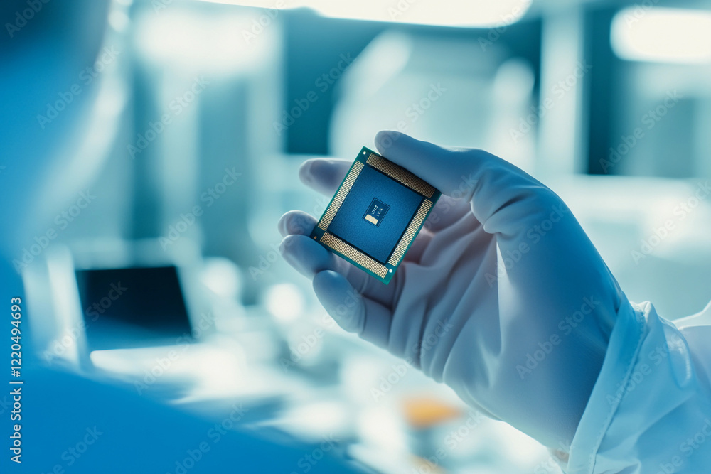 Poster Scientist examining computer chip in laboratory environment