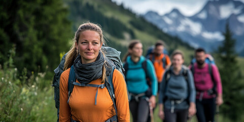 Fototapeta premium Group of hikers navigating a mountain trail in summer